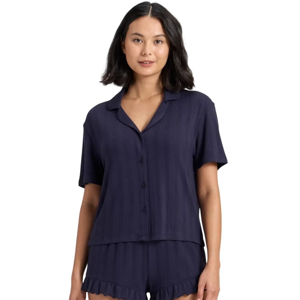 Wild‎ Fable Navy Blue Ribbed Short Sleeve Button Down Sleep Top Size XXS